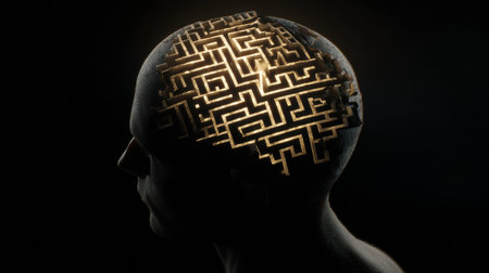 A human silhouette displays a maze within the head, representing mental confusion.の素材