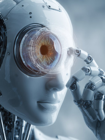 A robot is inspecting an eye using a sophisticated lens and digital interface featuring a futuristic design, highlighting technological advancements.の素材