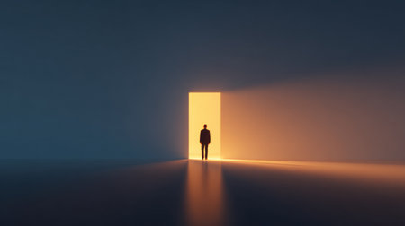 A businessman stands confidently in front of a glowing door after traversing a dimly lit corridor, embodying the path to success and solutions.の素材