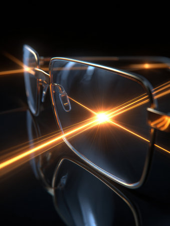 Stylish glasses with soft glowing anti-blue-light lenses stand out against a futuristic tech background, highlighting innovation in eye protection.の素材