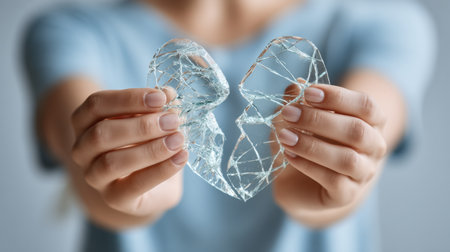 A woman with soft features gently displays a shattered glass heart, reflecting feelings of loss and heartache in a calm setting.の素材
