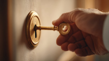A person holds a golden key, poised to unlock a door, symbolizing the discovery of solutions and new possibilities.の素材