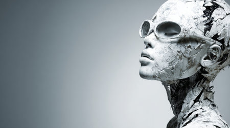 A robot fashion model stands elegantly in a futuristic setting wearing transparent glasses, embodying advanced design and style.の素材