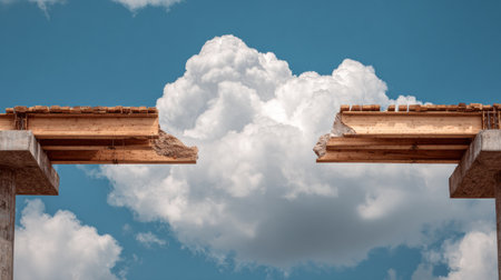 Bridge construction shows an unfinished gap under a bright blue sky, symbolizing challenges in infrastructure development.の素材