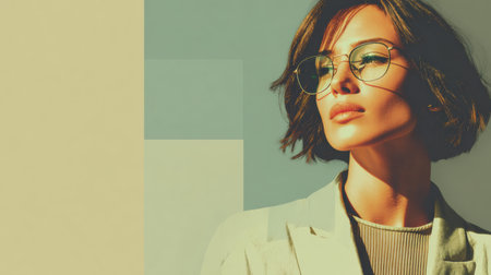 Young woman showcases fashionable eyeglasses in a chic outfit while standing before a soft pastel backdrop, exuding confidence.の素材