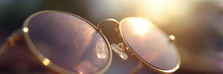 Sunglasses with golden rims capture lens flare, creating a luxurious atmosphere during a sunny evening outdoors.の素材