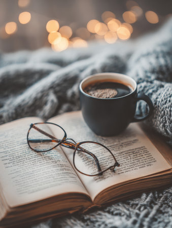 Enjoy a tranquil moment with a cozy blanket, a steaming cup of coffee, reading an open book while soft lights glow in the background.の素材