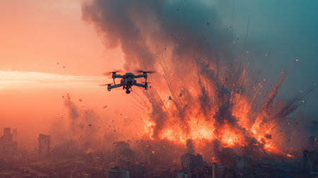 A drone falls from the sky, while an explosion occurs in the cityscape below, illustrating automation risks and failures in technology.の素材