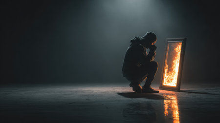 A man kneels, staring at a burning picture in a dark room, confronting his emotions and the need to let go of the past.の素材