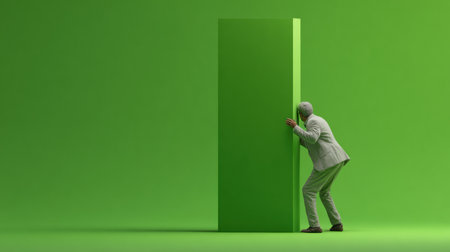 A man in a suit leans against a tall, invisible door, symbolizing the challenges of unseen psychological barriers in a vibrant green environment.の素材