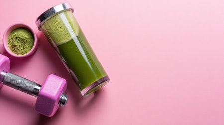 Flat lay scene featuring a green smoothie, vitamins in a bowl, and pink dumbbells on a bright minimal backdrop, perfect for fitness inspiration.の素材