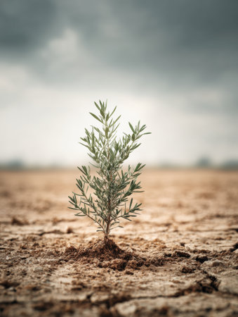 A small plant fights to grow in parched soil under gloomy skies, symbolizing tenacity and survival in harsh conditions.の素材