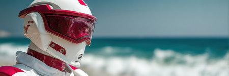 Robot lifeguard stands watch on a sunny beach, ensuring safety with visor glasses while waves crash in the background.の素材