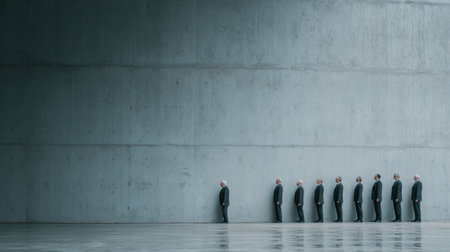 A businessman looks small among tall colleagues at a corporate event, symbolizing feelings of low self-worth and isolation.の素材