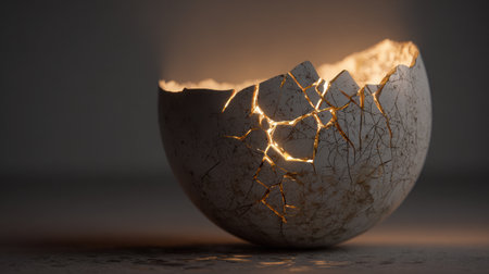 A cracked egg emits a warm light, symbolizing the fragility of ideas and the potential for failure in creative pursuits.の素材