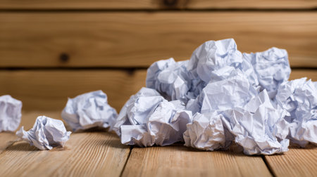 A pile of crumpled papers is scattered on a wooden table, showing the struggles of overcoming creative block and problem-solving frustration.の素材
