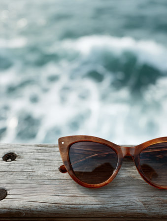 Stylish sunglasses sit on wooden decking, reflecting gentle ocean waves in a calm and relaxing beach environment during the day.の素材