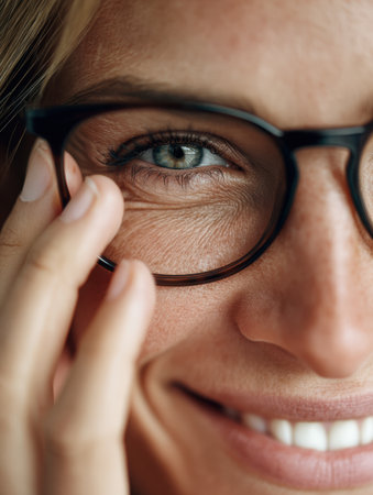 A woman smiles brightly gently while touching the rim of her black glasses, showing joy and warmth in a well-lit setting.の素材