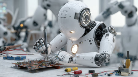 A robot meticulously repairs its circuit on a work table, representing the themes of self-improvement and problem-solving in technology.の素材