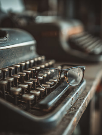Glasses rest on the keys of a vintage typewriter, capturing the essence of a writers lifestyle in a softly lit and inviting spaceの素材