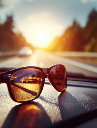 Sunglasses sit on a car dashboard, reflecting the warm sunlight as a scenic drive unfolds ahead with beautiful bokeh effects.の素材