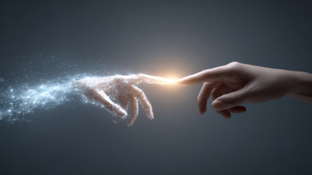 A human hand reaches toward a glowing AI hand, highlighting the partnership between technology and innovation in solving common challenges.の素材