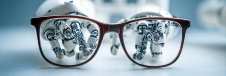 Robot engages in a careful cleaning of glasses, showcasing advanced technology in a minimalistic environment with ample space for text.の素材