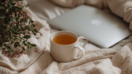 Relaxing scene featuring a closed laptop, a cup of tea, and a plant in a soft, cozy setting, perfect for a digital detox moment.の素材