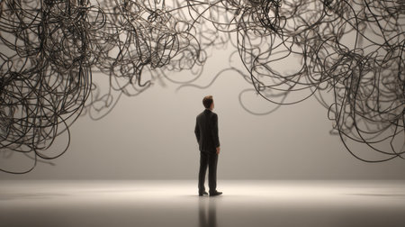 A businessman stands alone, examining tangled cables that symbolize confusion, highlighting the search for clarity and effective solutions.の素材