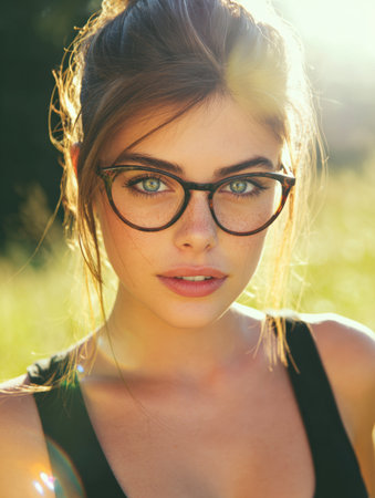 Bright sunlight highlights a woman in cat-eye glasses as she is outdoors, providing a warm and inviting atmosphere perfect for text placement.の素材