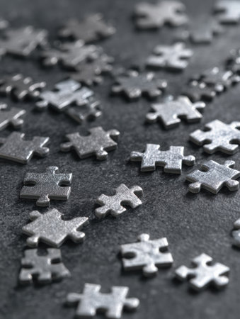Scattered puzzle pieces lay on a desk, illustrating a complex business problem that remains unresolved, calling for careful analysis.の素材