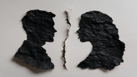 Silhouettes of two people made from torn paper illustrate the theme of emotional separation and the feelings of regret that accompany it.の素材