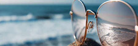 Close-up of stylish sunglasses showing ocean waves reflecting in the lenses during a serene beach sunset.の素材