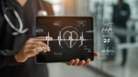 An AI assistant tracks heart rate on a tablet in a warm-toned, futuristic healthcare setting.の素材