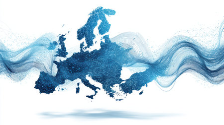 Data ribbons gracefully cross a map silhouette of Europe, blending calming blue shades and inviting a visual exploration of connectivity.の素材