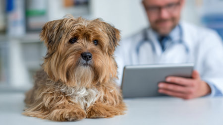 Small dog sits calmly at a veterinarian clinic while a doctor reviews information on a tablet in a tidy and welcoming environment.の素材