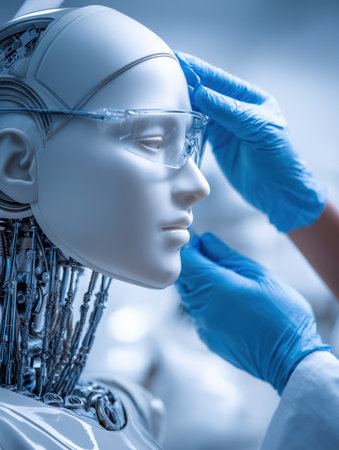 A robot stylist carefully adjusts glasses on a mannequin head in a bright, clean studio setting. The focus is on precision and design.の素材