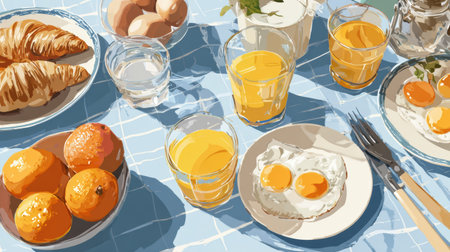 A delightful breakfast setting with sunny colors includes eggs, croissants, orange juice, and fresh fruit arranged on a table.の素材