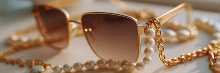 Elegant sunglasses featuring a pearl chain and gold details, ideal for adding luxury to any summer outfit or beach day.の素材