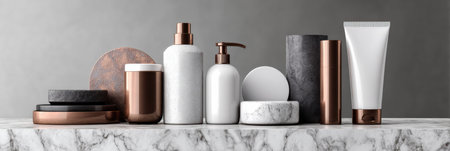 Mens skincare products are neatly arranged on a marble counter, showcasing modern design and a clean aesthetic in muted colors.の素材