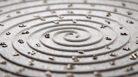 Concentric rings illustrate the global economy, featuring subtle currency symbols for a dynamic presentation visual.の素材