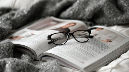 Glasses are placed on an open health magazine, creating a serene setting ideal for reading or relaxation.の素材
