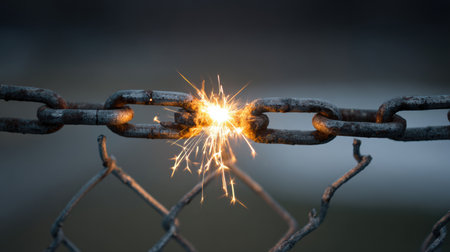 Chain link is being repaired with welding light, highlighting the action of fixing problems and ensuring strength and stability in structures.の素材