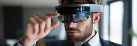 A businessman engages with advanced smart glasses in a meeting room, reflecting a minimalist and futuristic workspace atmosphere.の素材