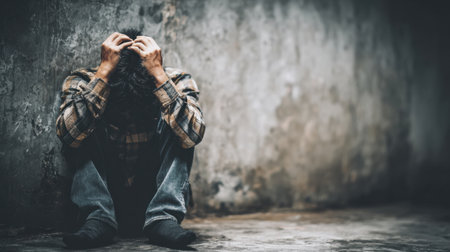 A man is sitting on the floor with his hands on his head, conveying deep emotional stress and struggles in a dimly lit environment.の素材