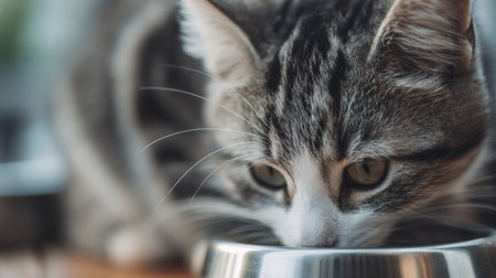 A happy cat leans forward, eating from a shiny metal bowl filled with premium pet food in a calm pastel-colored environment.の素材