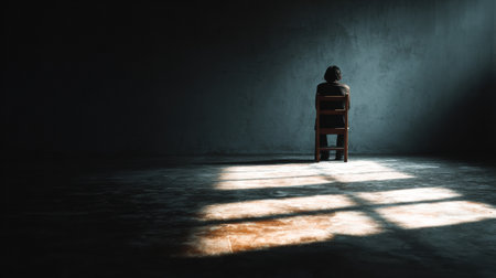 A man sits alone on a chair in a dark room, his head down, surrounded by cold lighting that highlights his emotional weight and isolation.の素材
