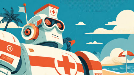 A robot lifeguard stands on a sunny beach, wearing visor glasses while observing the sea and sand, ready to assist beachgoers.の素材