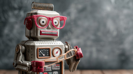A unique teacher robot stands proudly in a classroom, holding glasses and chalk while surrounded by various educational materials.の素材