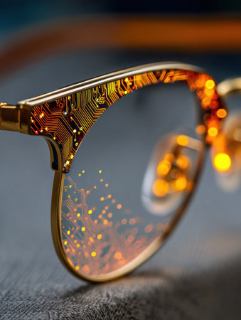 Innovative glasses showcase glowing circuits on the lens frame, highlighting futuristic design and advanced technology.の素材